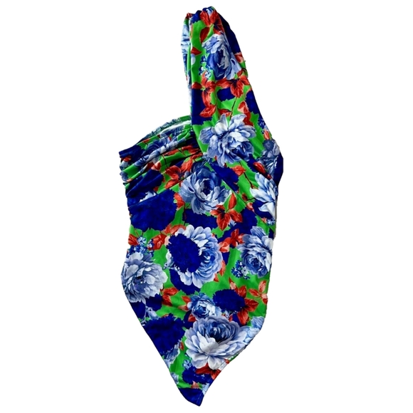 Zara One Sleeve Floral Green/blue/red Asymmetric Bodysuit. Size L. - Picture 6 of 12